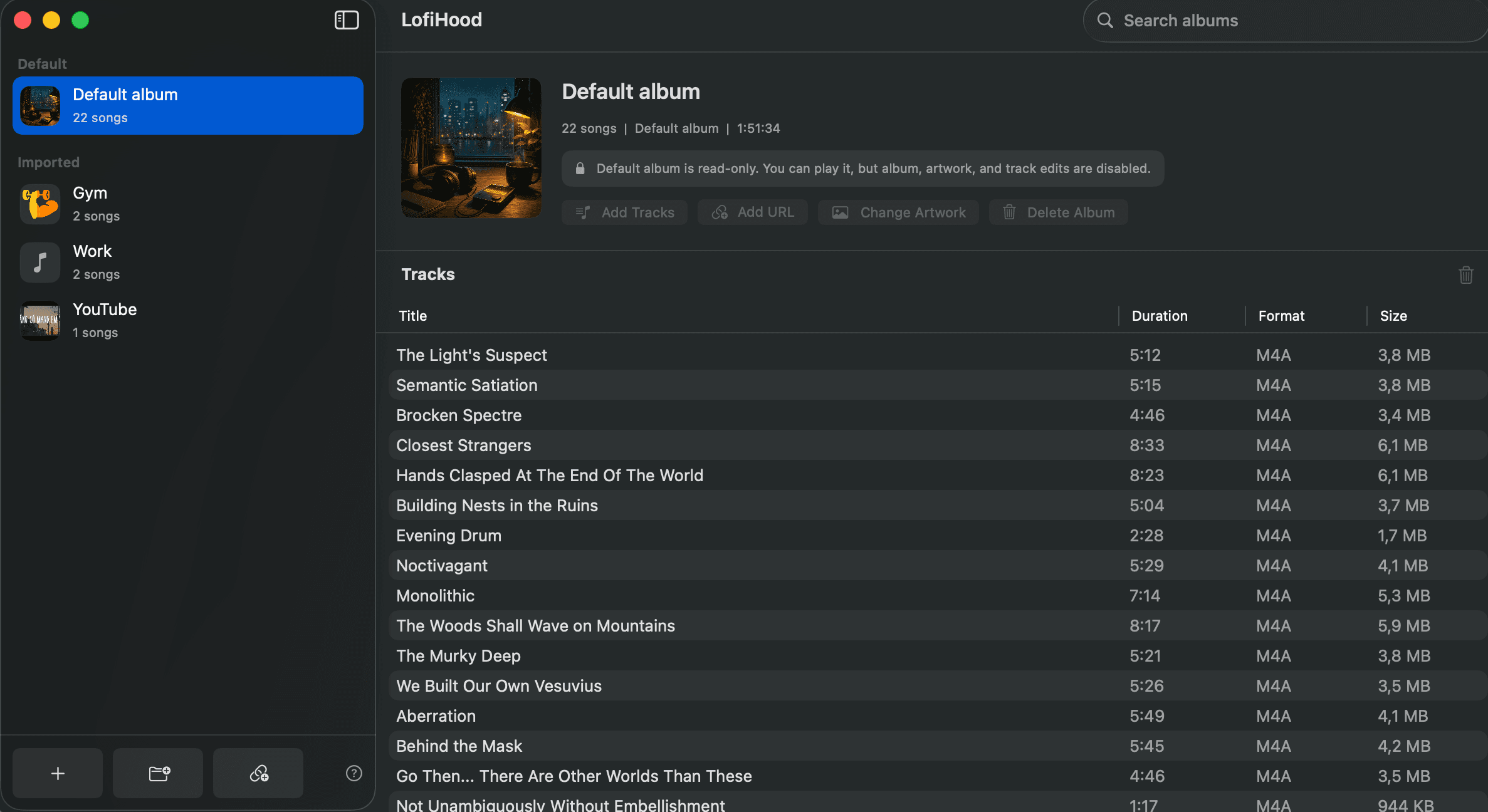 LofiHood album manager showing local albums, search, track list, duration, format, and size columns.