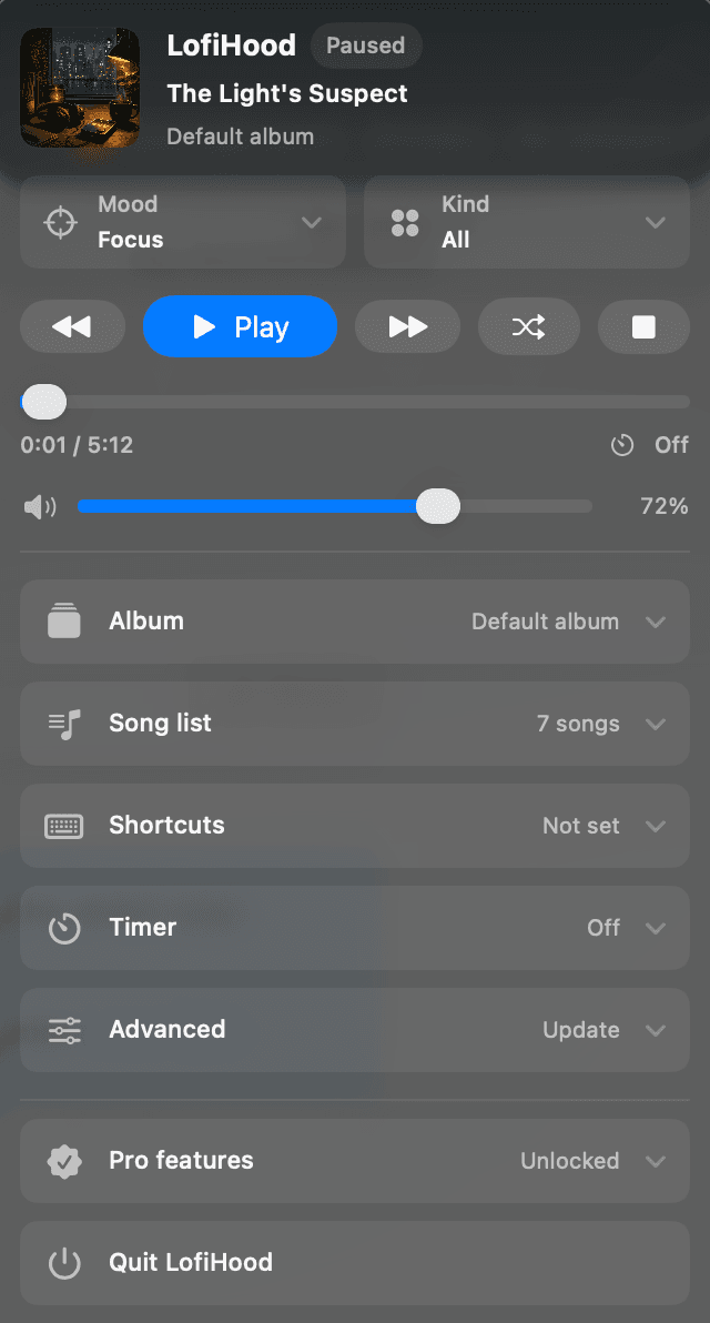 LofiHood menu bar player with mood, kind, playback, timer, shortcut, and advanced controls.