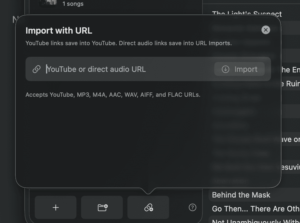 LofiHood URL import popover accepting YouTube and direct audio URLs.